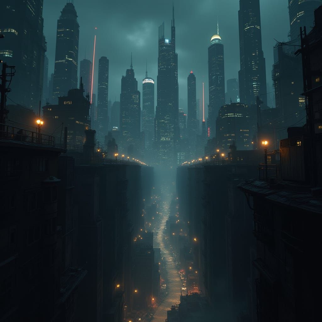 Dystopian Split Cityscape in Cinematic Style