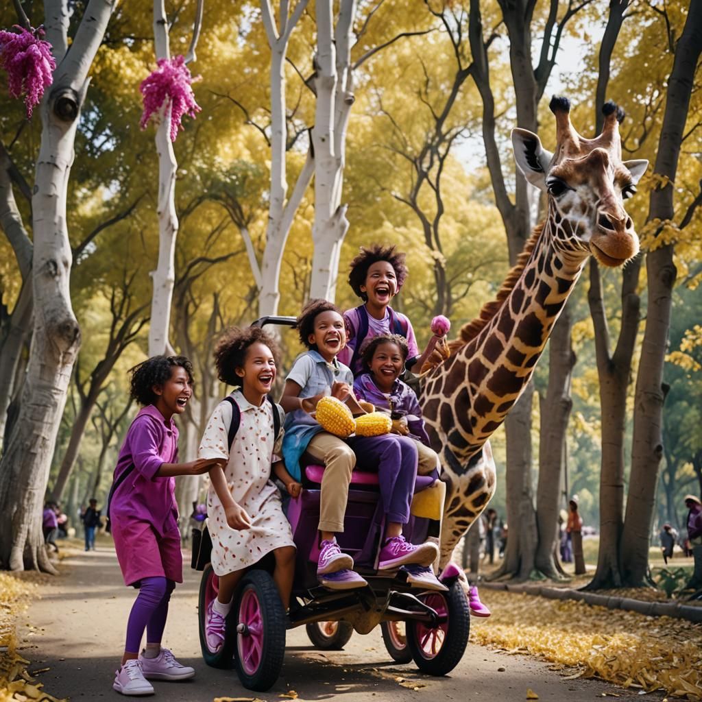 Children Riding Giraffe Eating Corn, Cinematic Style