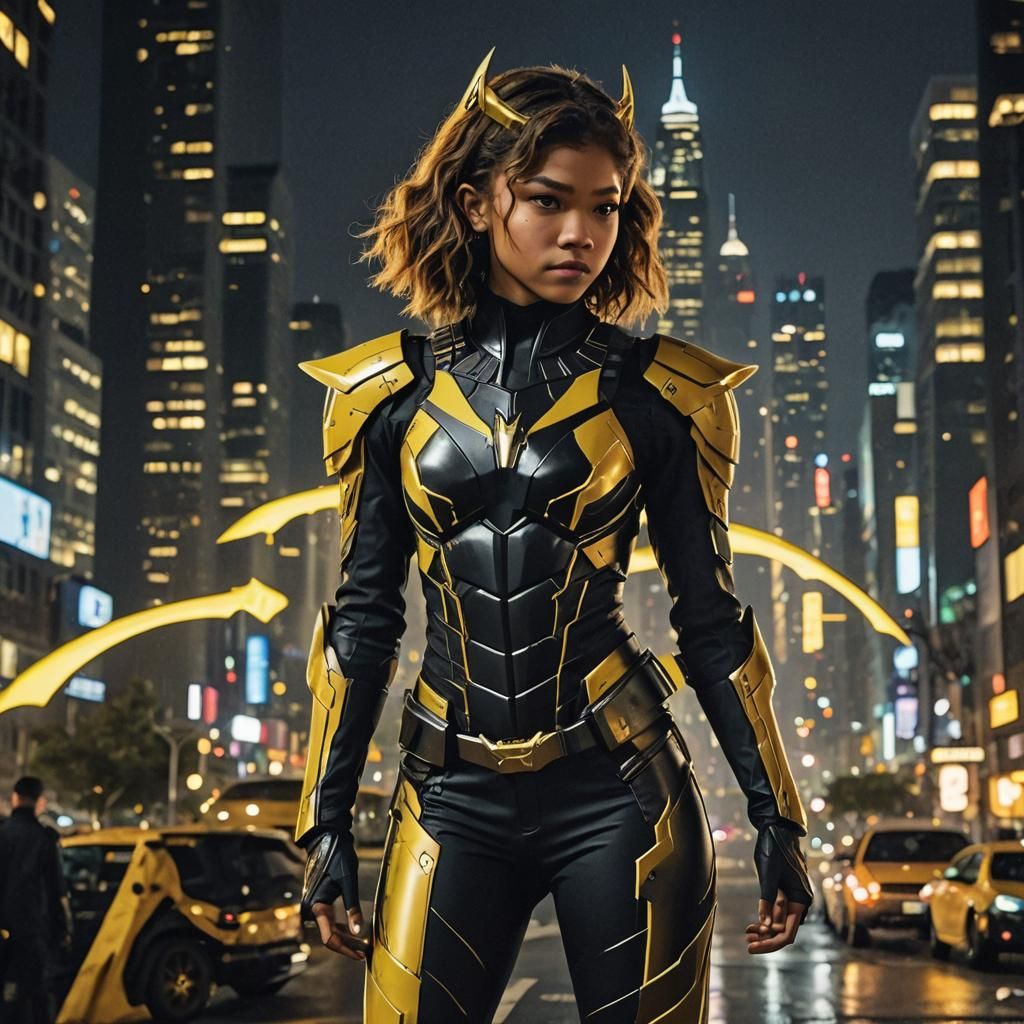 Zendaya in Black and Yellow Armor in a Neon City