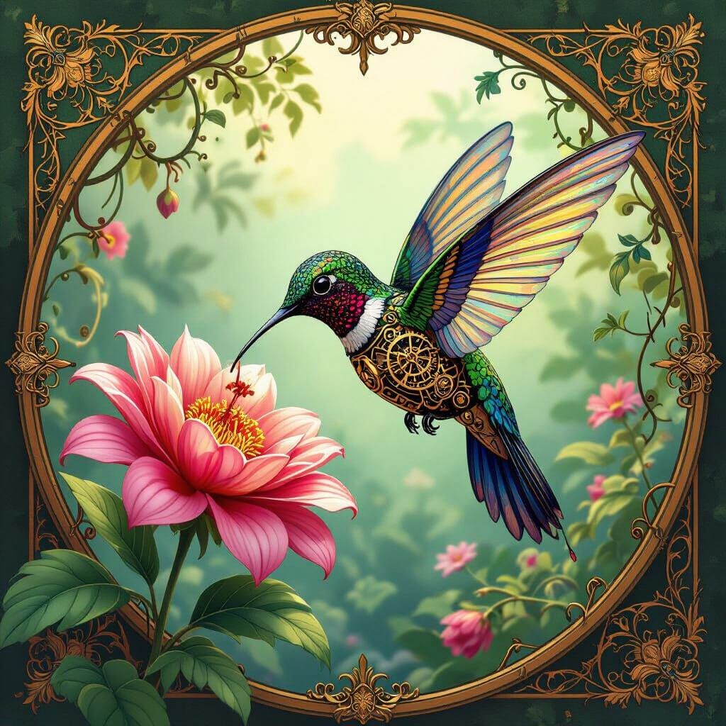 Clockwork Hummingbird in Lush Art Nouveau Garden