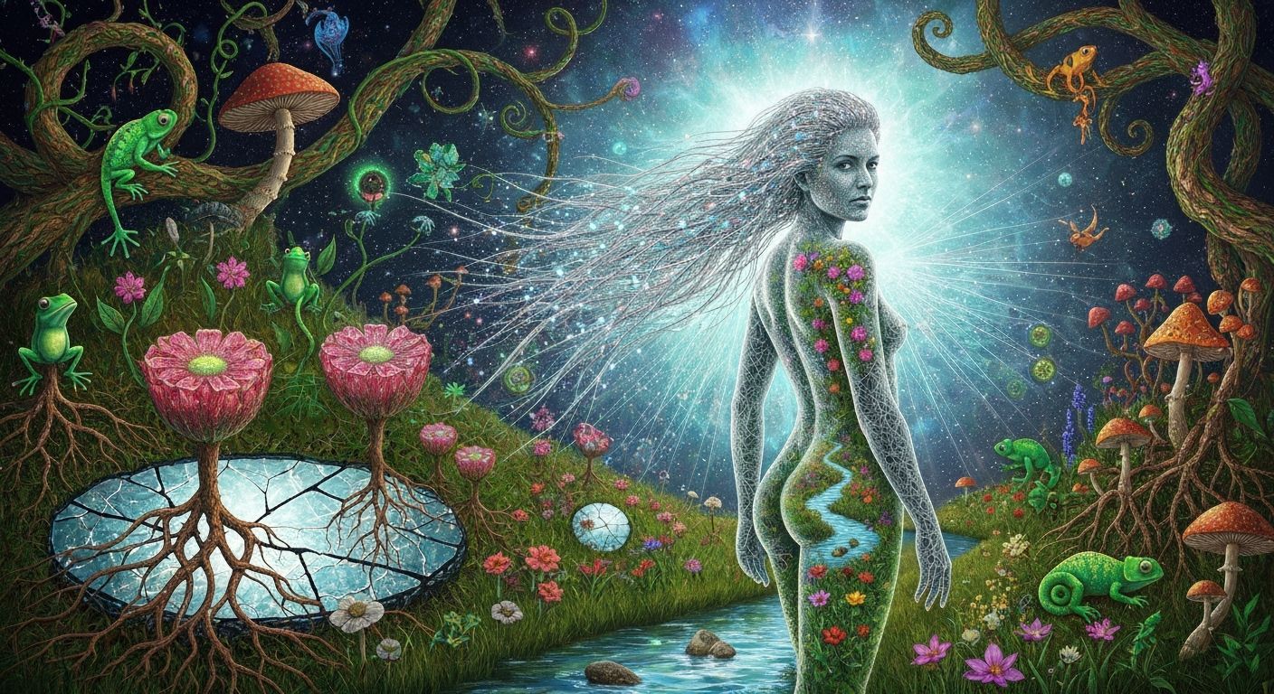 Woman Merging with Cosmic Garden in Psychedelic Eco-Art Styl...