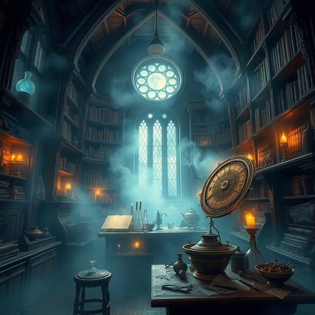 Wizards room filled with smoke, alchemy, and magic, set in a mystical university background...