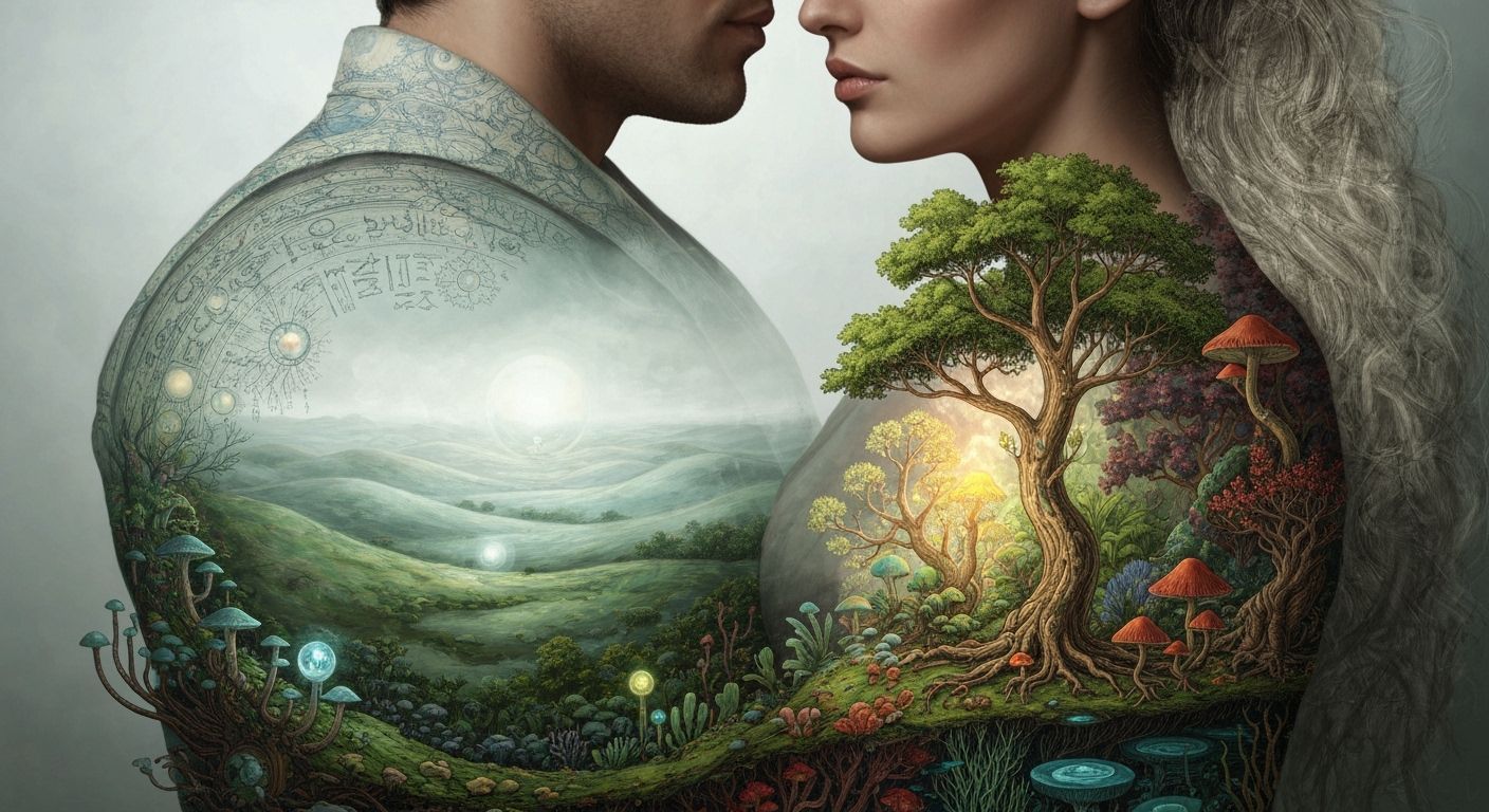 Ethereal Figures in Dreamlike Fantasy Landscape