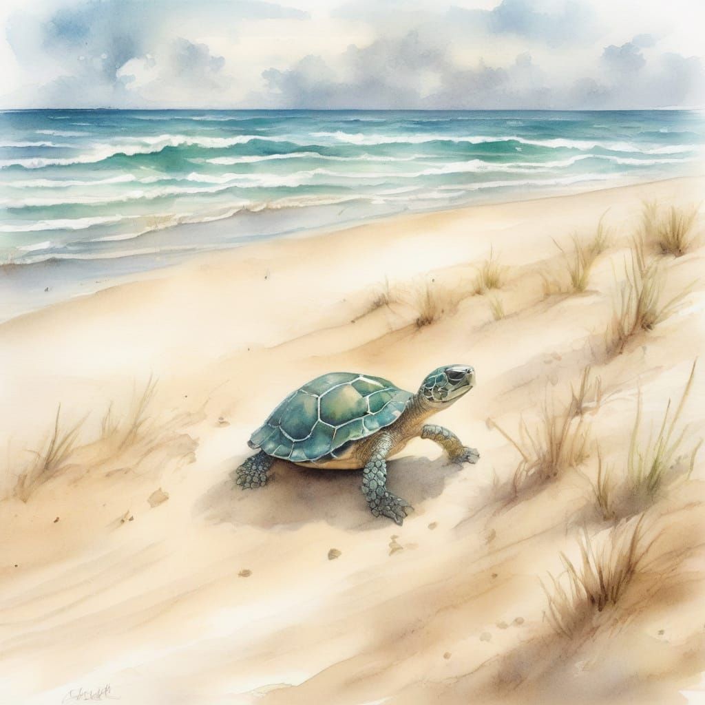 Tiny Turtle Hatchling on Sunlit Dunes in Watercolor Style