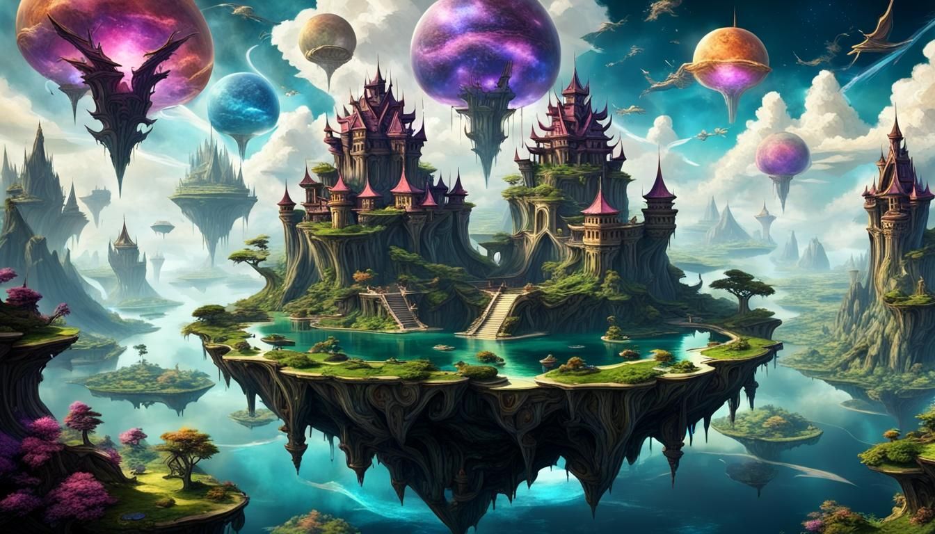 Fantastical Floating Island Kingdom with Dragons