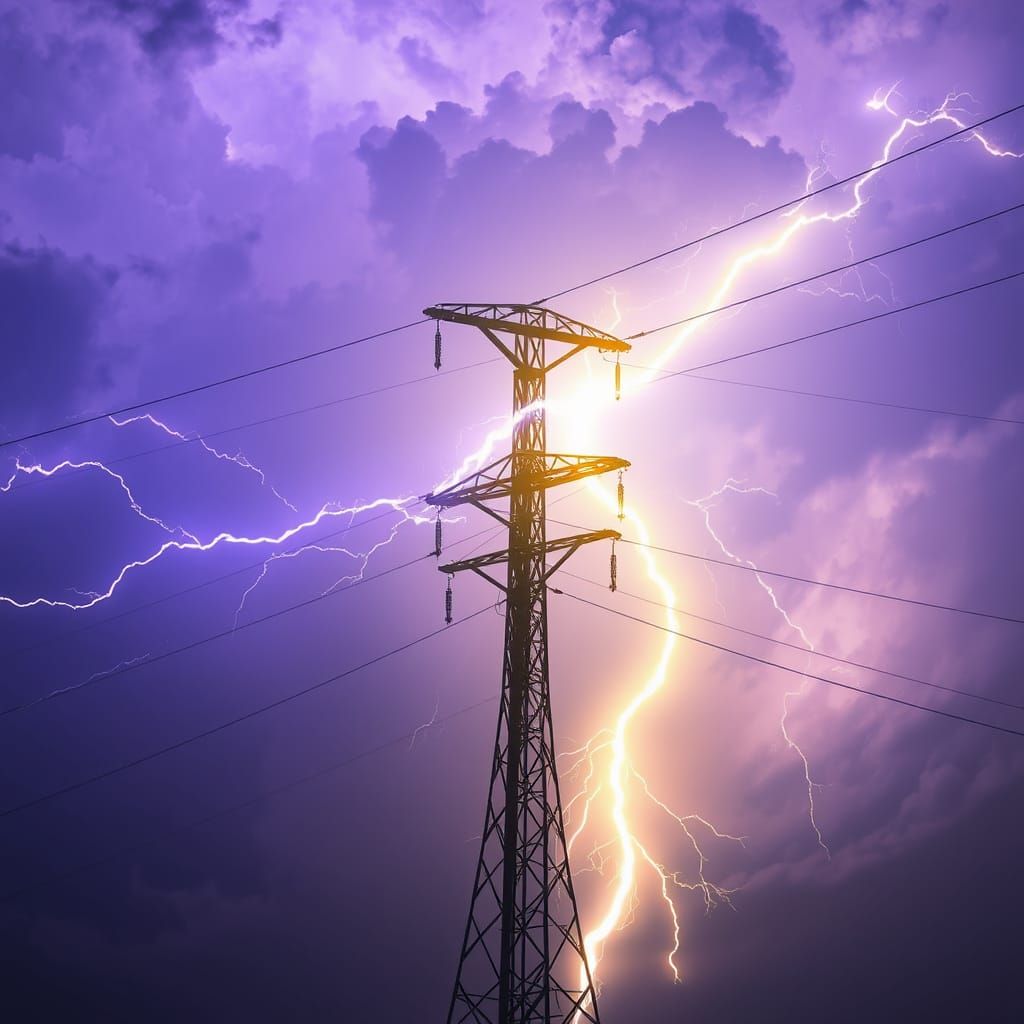 Lightning Strikes Power Pylon in Stormy Sky