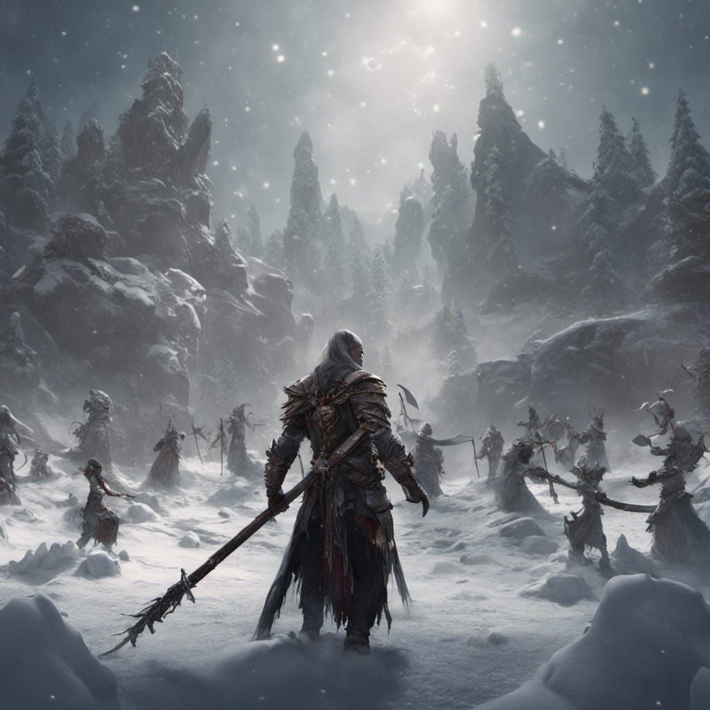 Warrior with Scythe in Snowy Fantasy Landscape