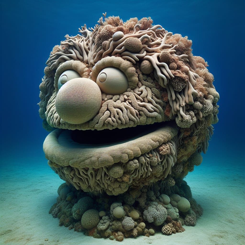 Coral Muppet Head Sculpture in Underwater Photo Style