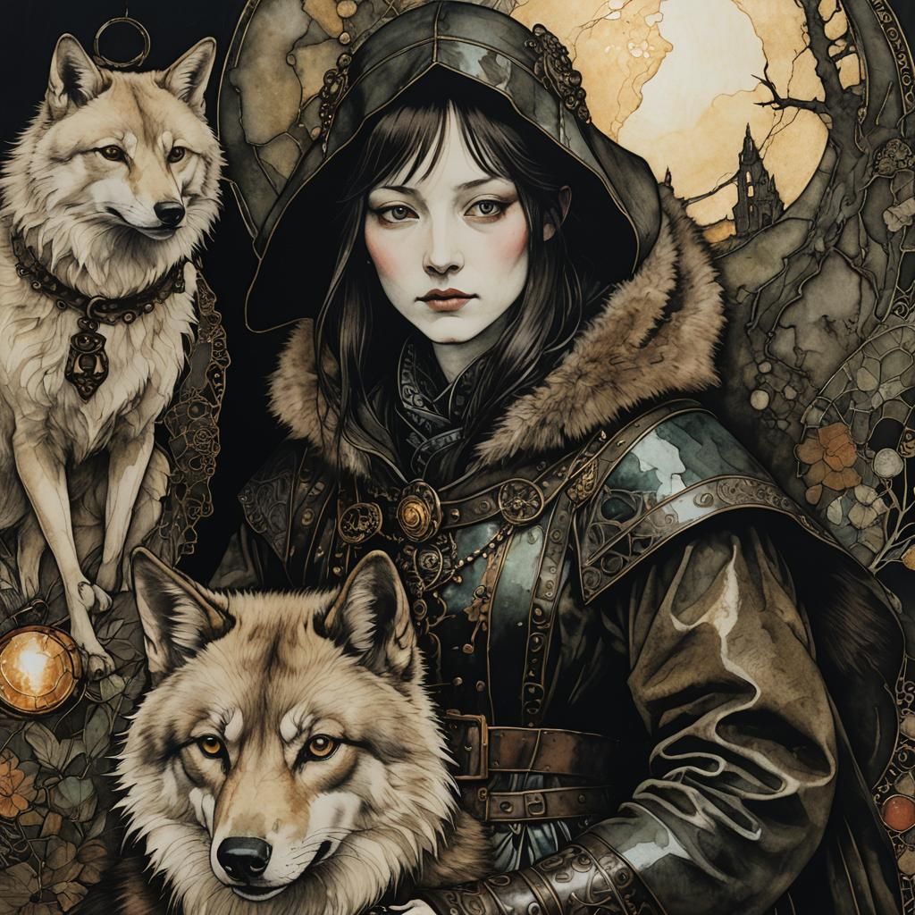 Huntress and Wolf in Cloisonné Style