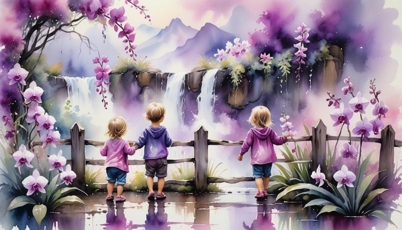 Watercolor Landscape: Toddlers Playing by a Fence