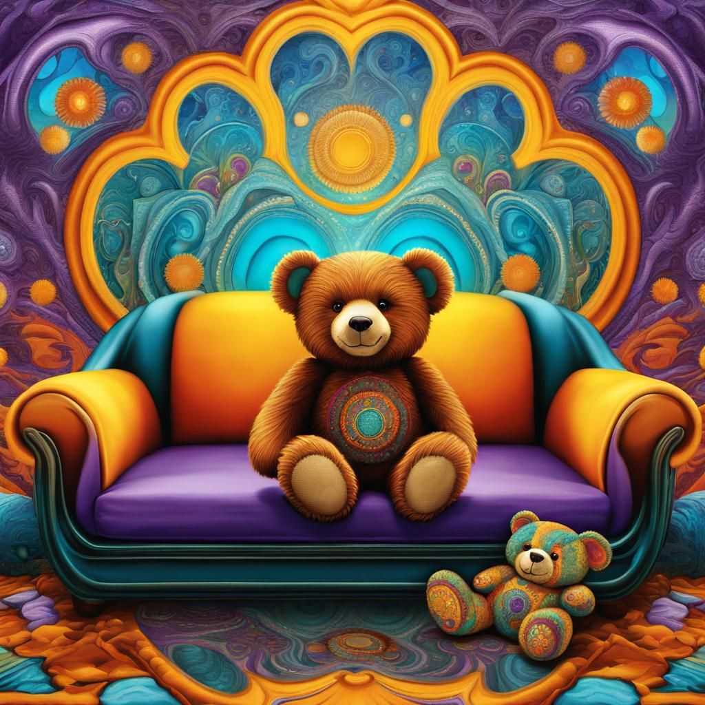 Teddy Bear on Klimt-Style Sofa: Psychedelic Surreal Art