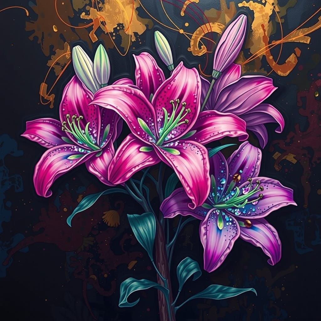Vibrant Surrealism Artwork in Neon Jewel-Toned Asian Lilies