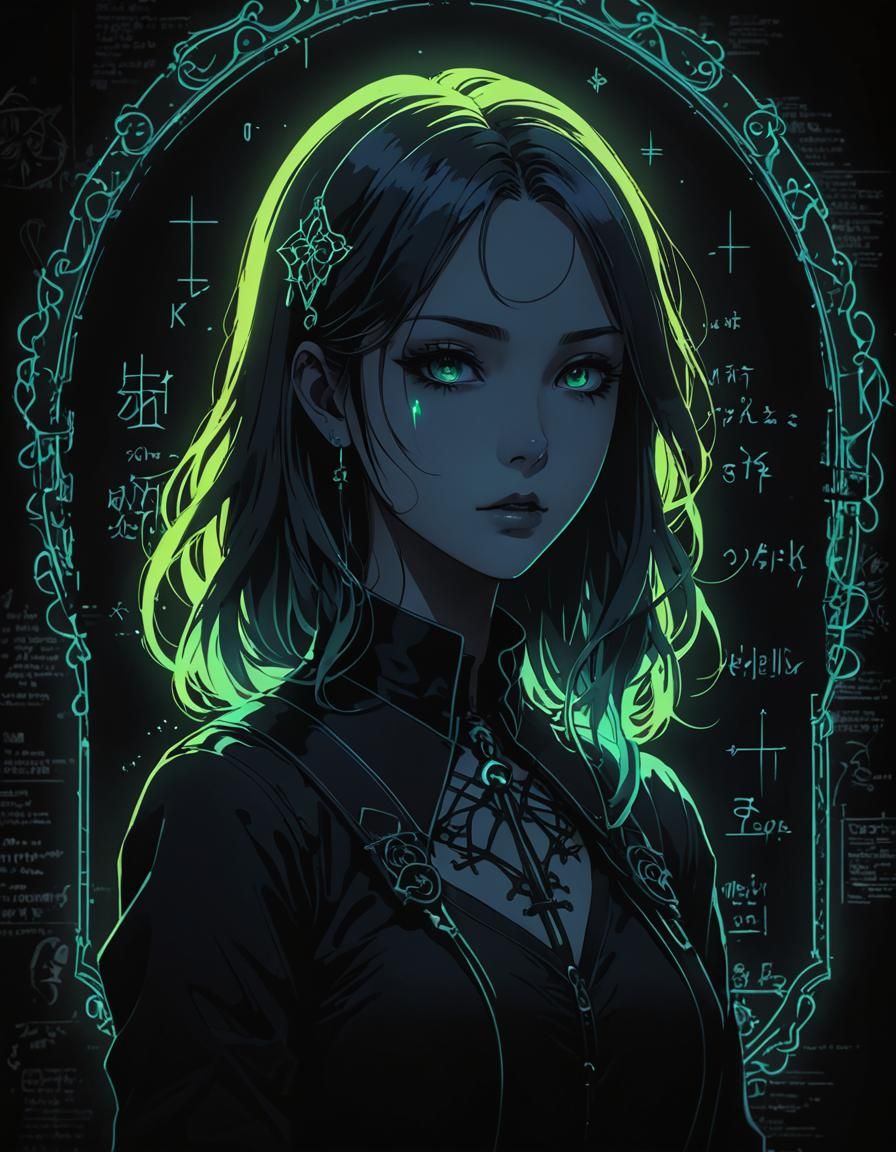 Eerie Anime Woman with Glowing Neon Silhouette