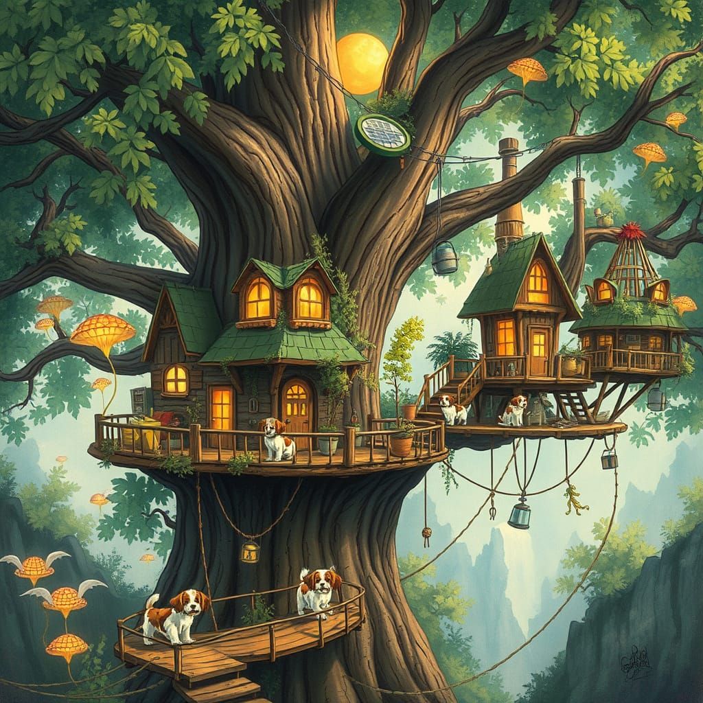 Solarpunk Treehouse Village Amidst a Majestic Sequoia