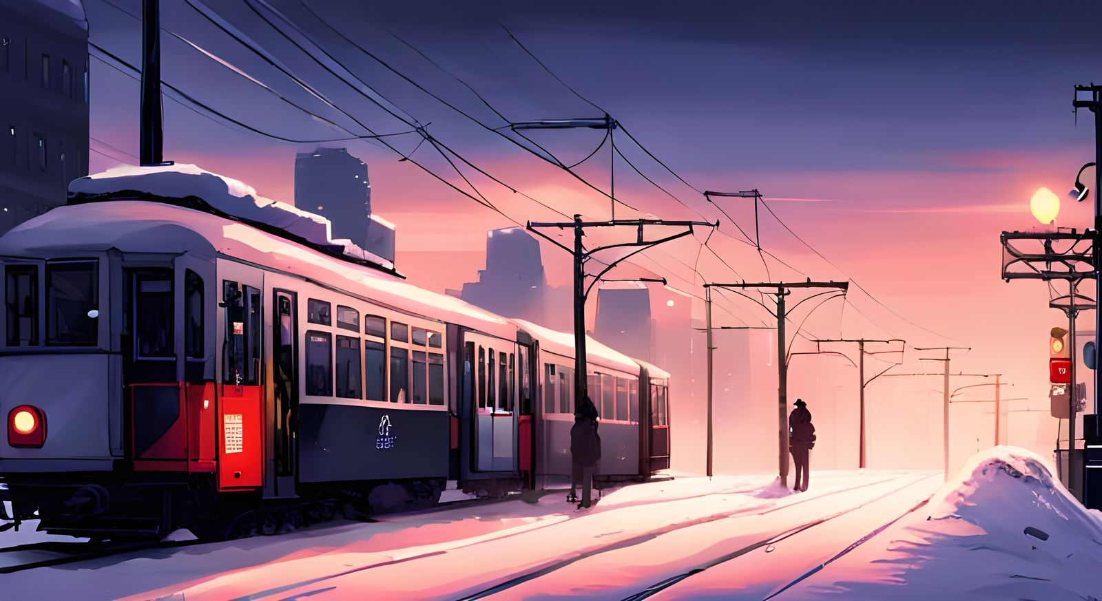 Snowy Winter Tram in Anime Art Style