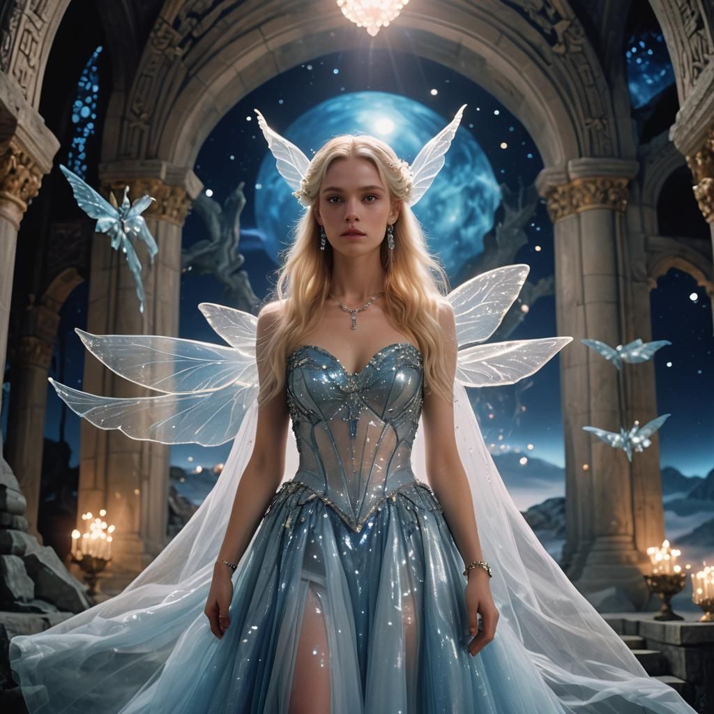 Blonde Woman with Wings on Cloud Temple at Night