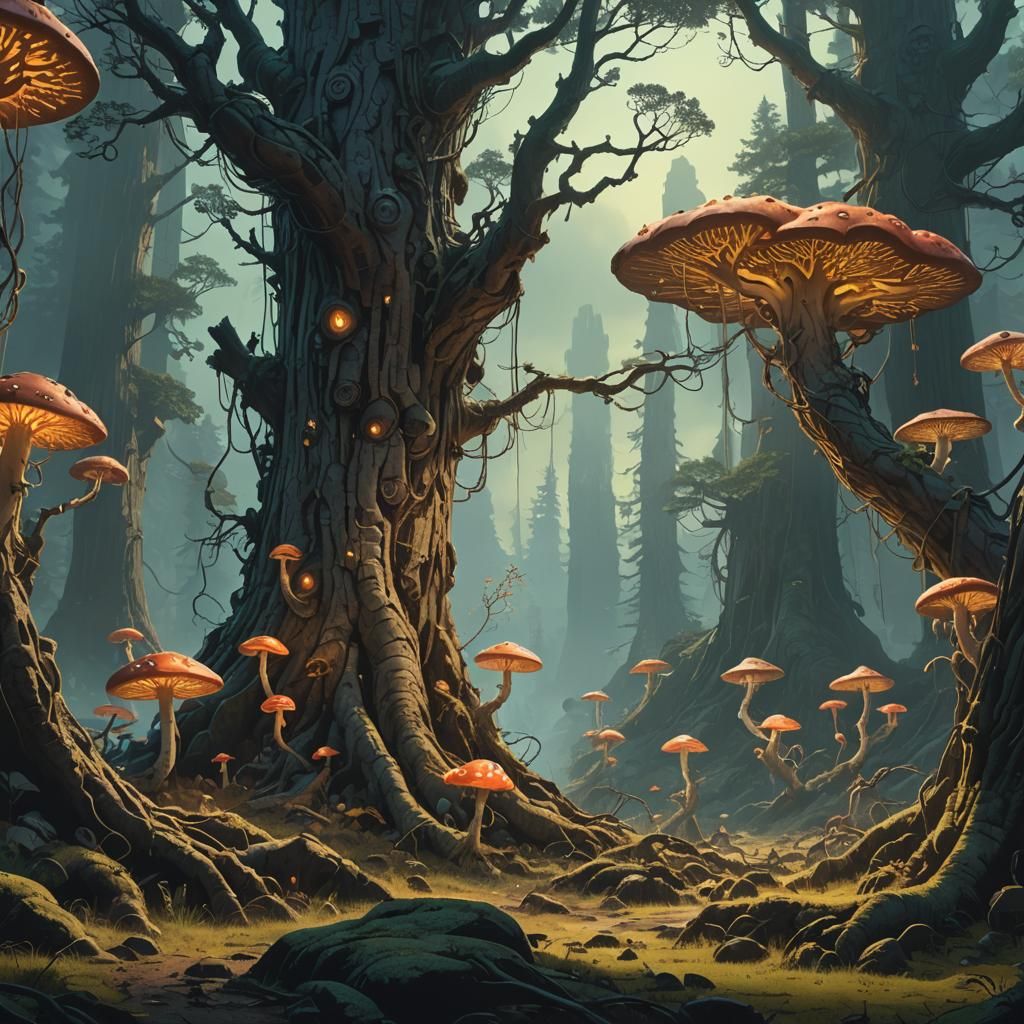 Mystical Forest Landscape with Glowing Mushrooms
