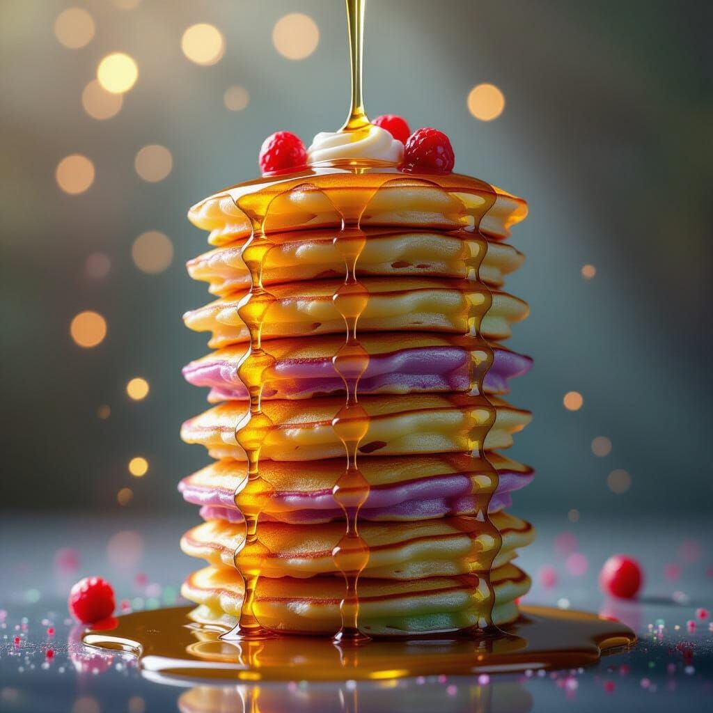 Iridescent Pancake Tower in Surreal Food Photography Style