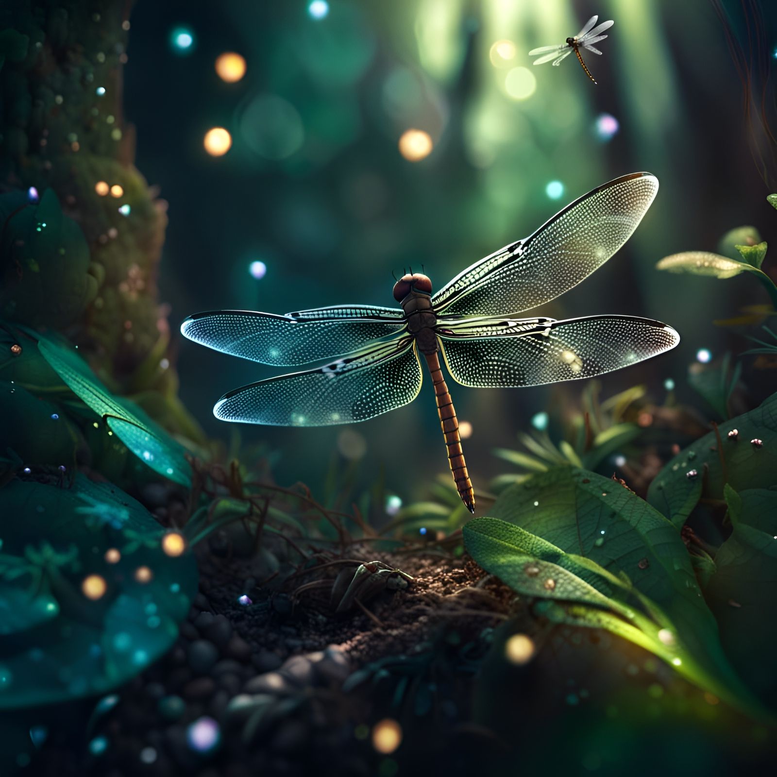 Dragonfly in Magical Forest: Digital Art in 4K