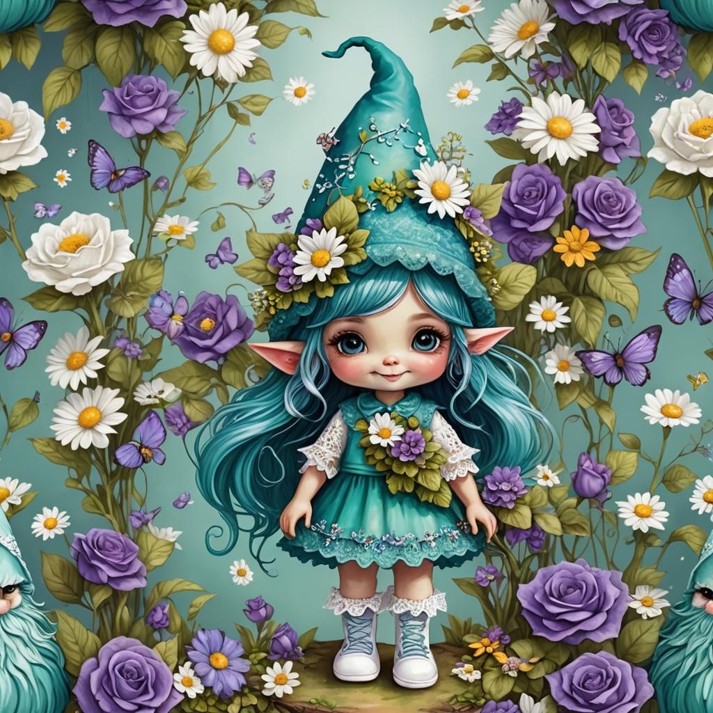 Whimsical Gnome with Fox and Flowers, Oil Painting