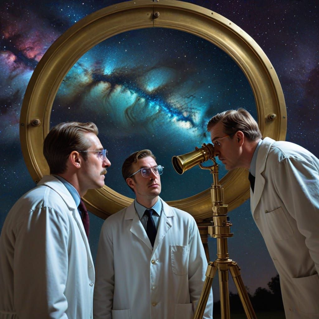 Astronomers Gaze Up at Starry Night Sky in Dreamlike Surreal...