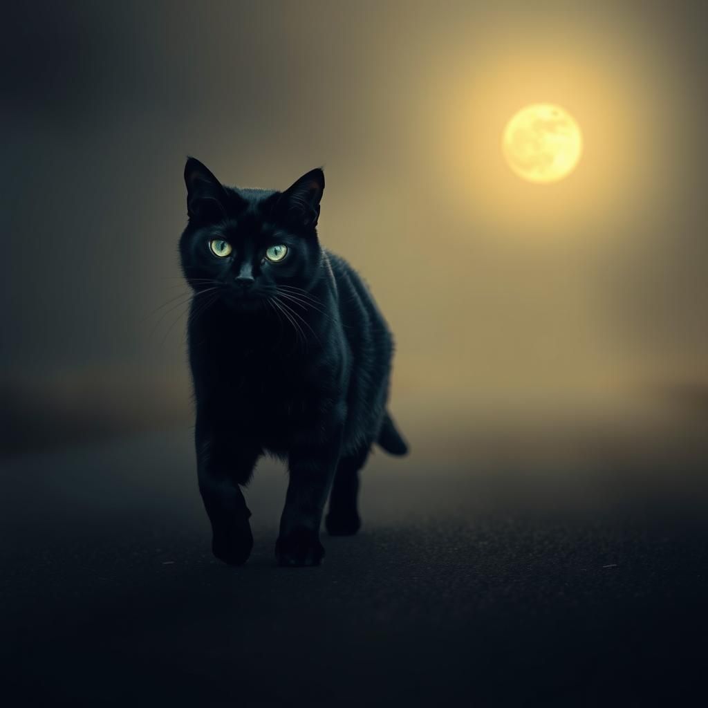 Mystic Black Cat on Misty Road in Ethereal Style