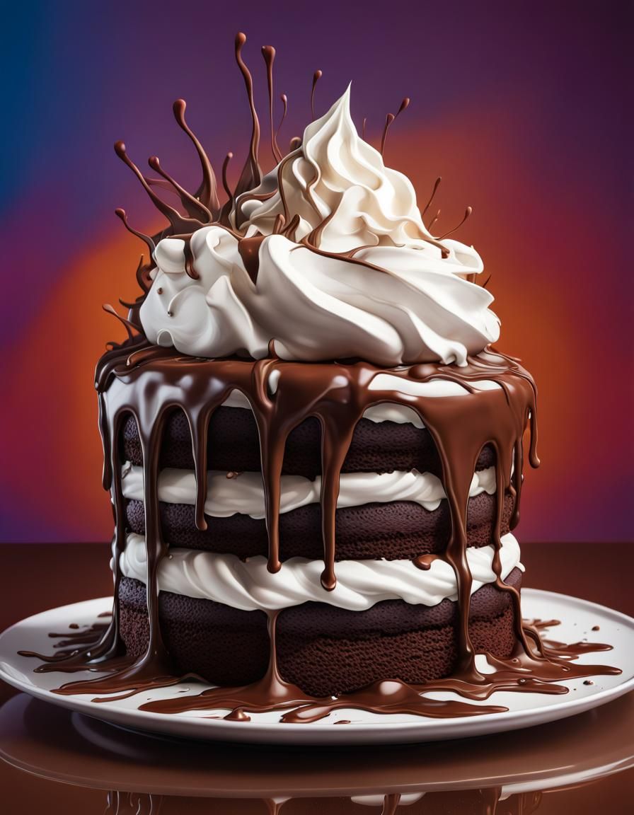 Detailed Chocolate Cake with Whipped Cream: Hyperrealistic A...