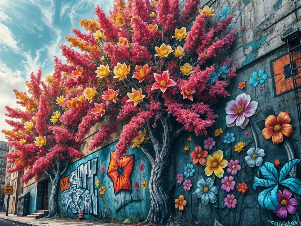 Vibrant Graffiti Art: Trees and Flowers in City