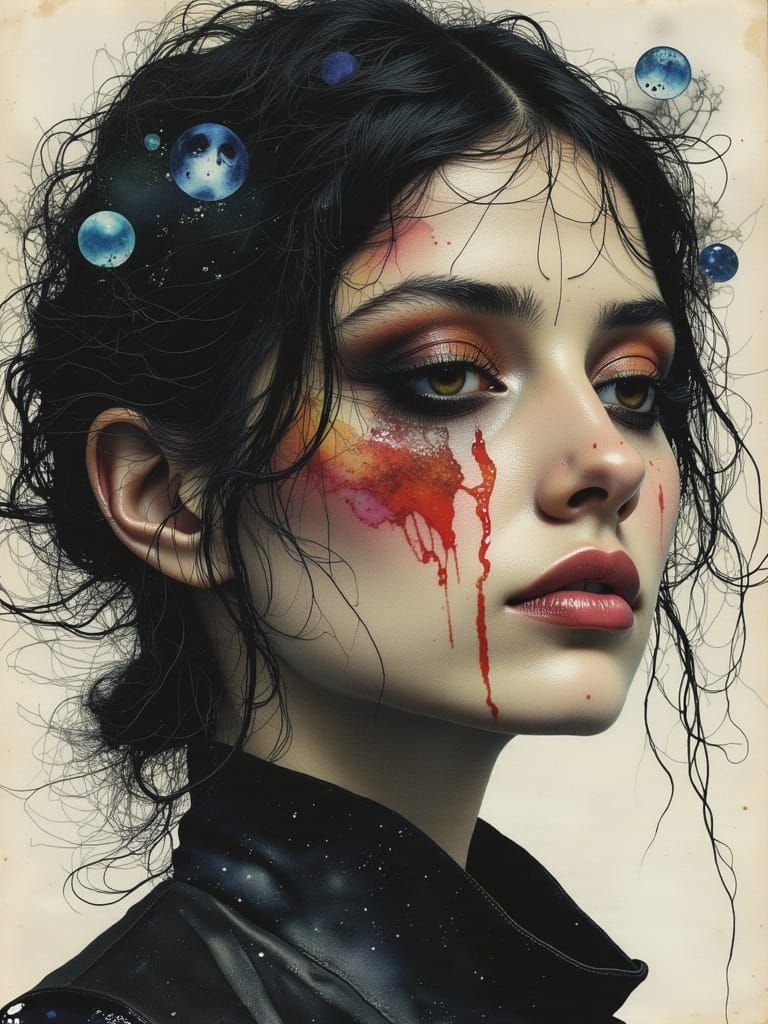 Melancholic Gothic Woman in Watercolor Alcohol Ink