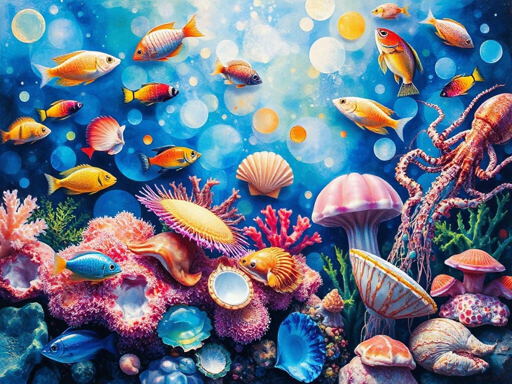 Lush Coral Reef in Pointillist Aquarelle Painting