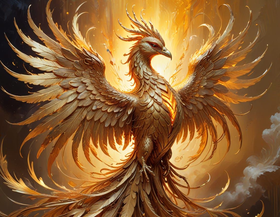 Golden Phoenix Sculpture in Retrofuturism Oil Painting Style