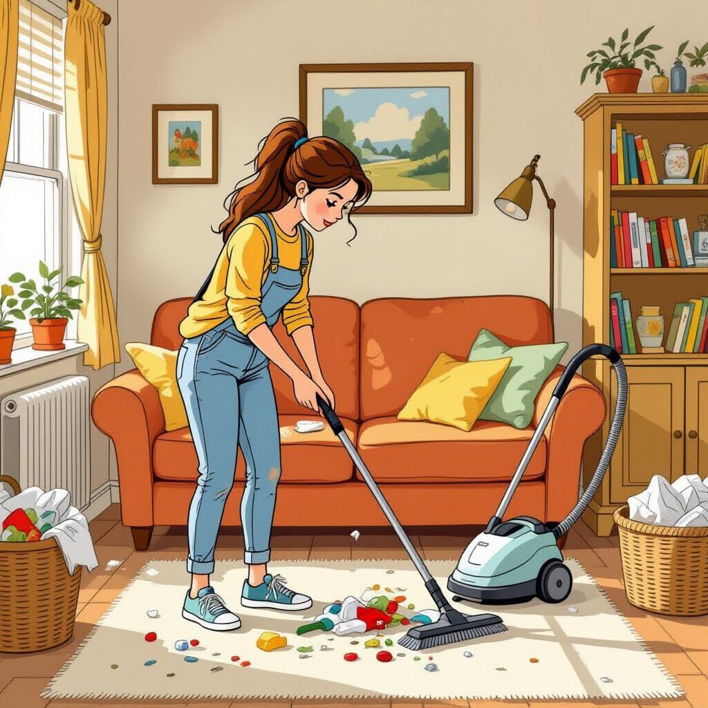 Woman Cleans Cluttered Room in Storybook Style