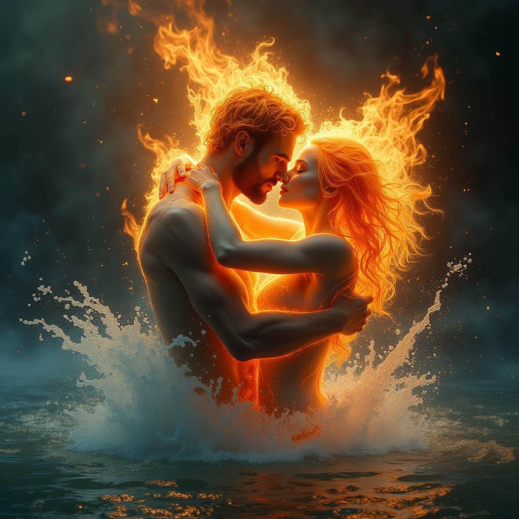Fiery Man Hugs Water Woman in Elemental Fusion