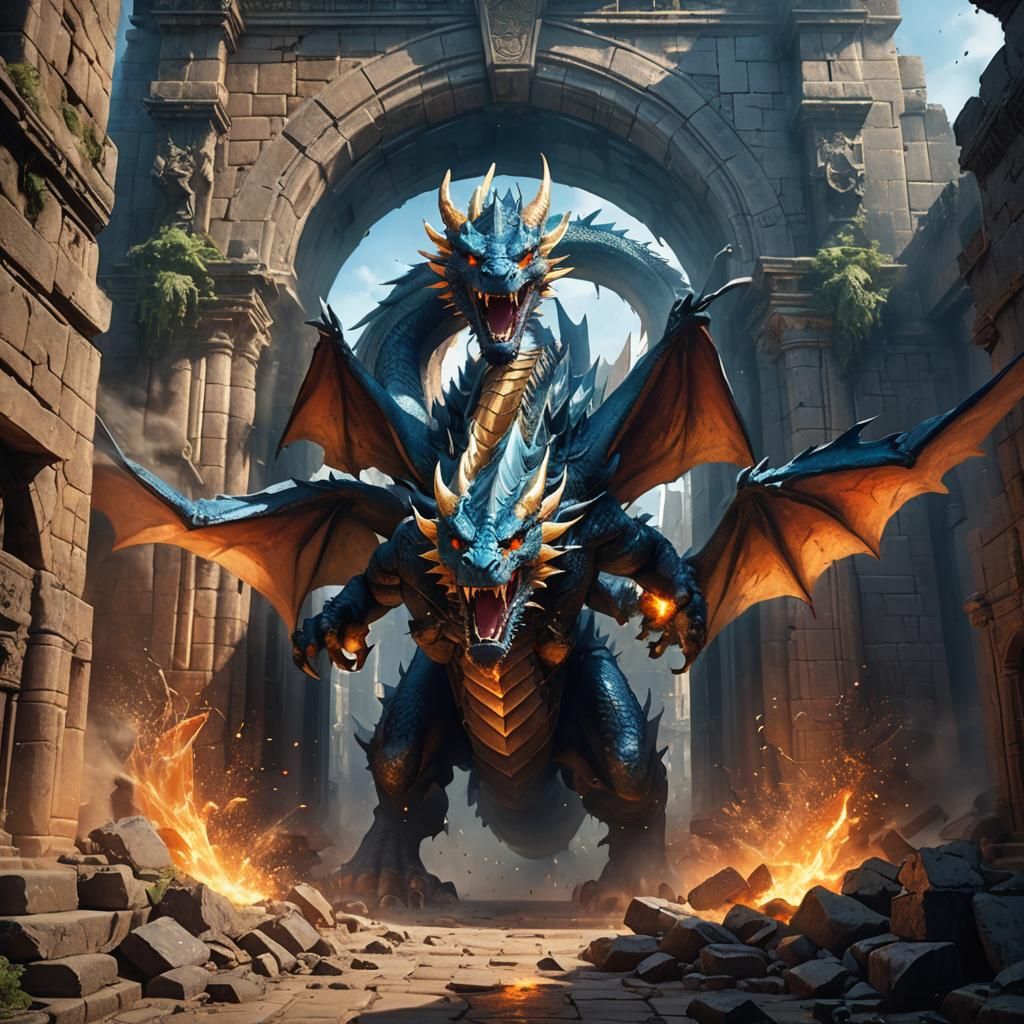 Dragon Bursts Through Ancient Gate, Fantasy Art