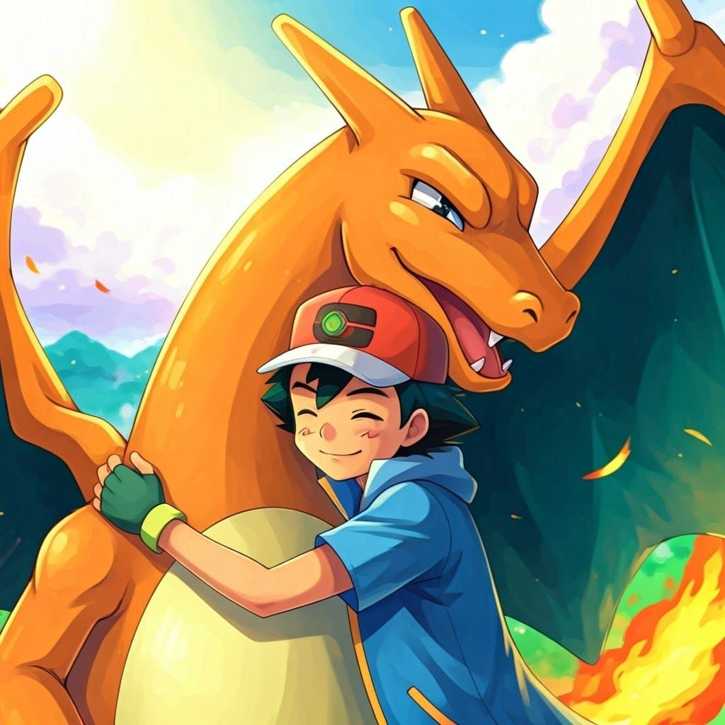 Proud Pokémon Trainer Hugs His Loyal Charizard in a Whimsica...