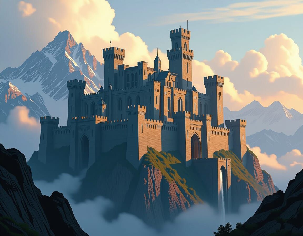 Majestic Mountain Fortress in Digital Matte Painting Style