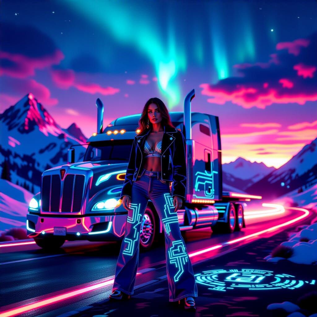 Woman and Futuristic Truck on Neon Mountain Pass