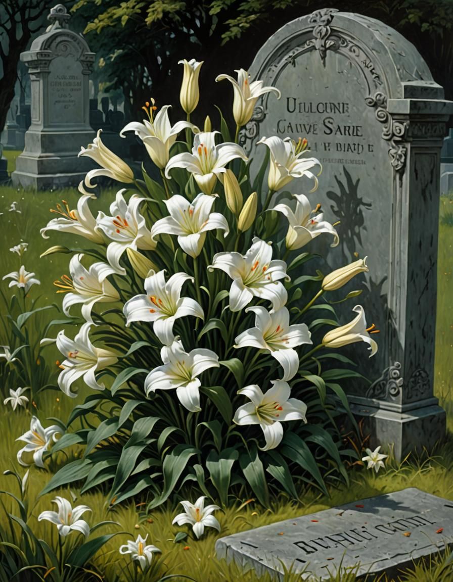 Lilies of Grief: Oil Painting of Flowers at Grave