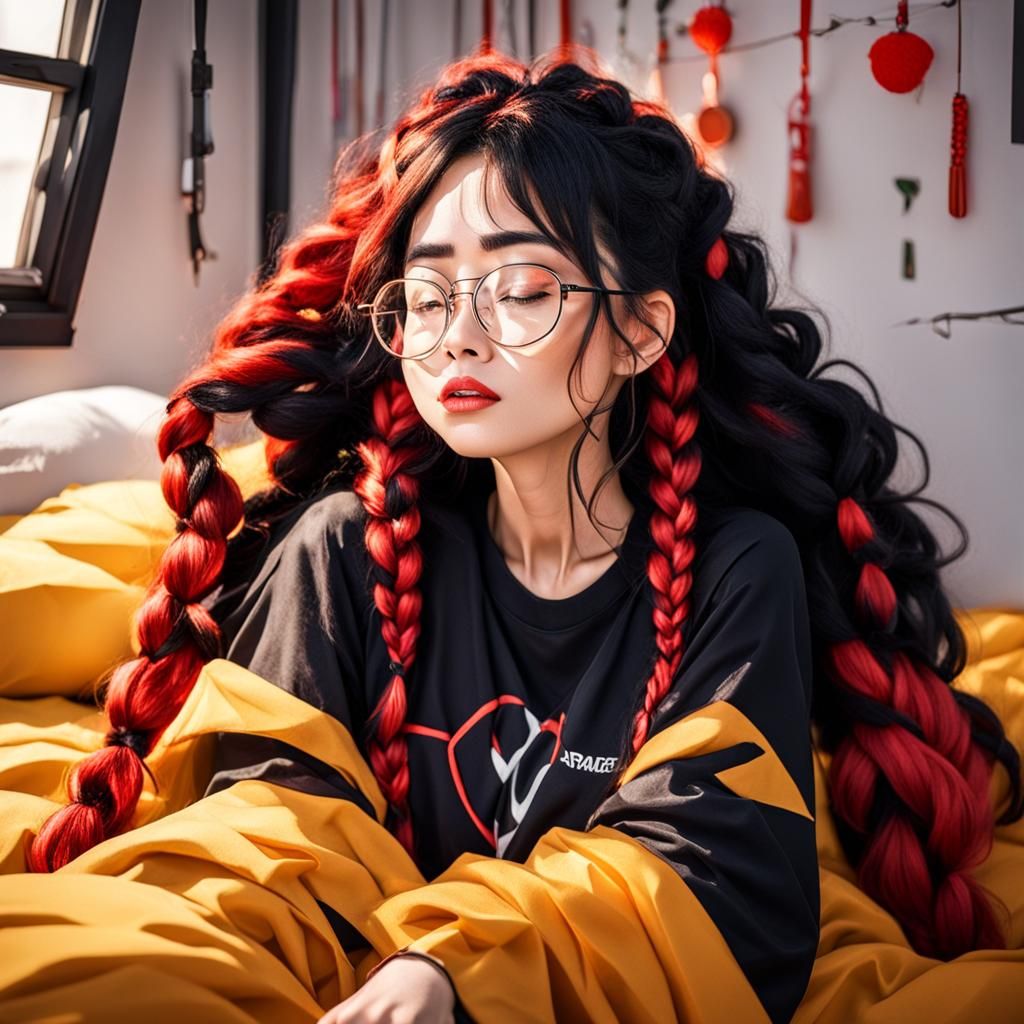 Girl with Red-Dyed Hair in Neo-Impressionist Oil Painting