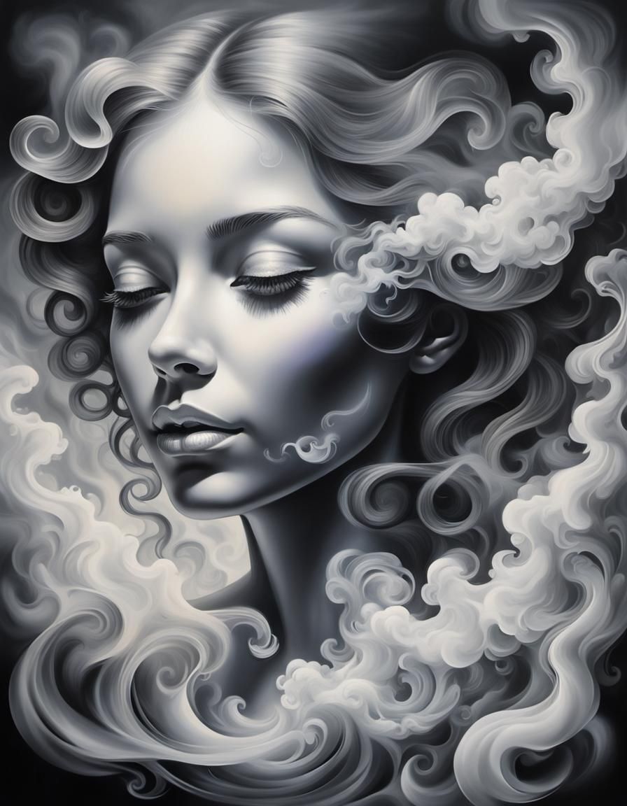 Monochromatic Smoke Woman in Lyrical Abstraction Style
