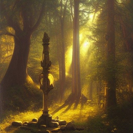 Sunlit Fantasy Altar in Woods, Oil Painting Style