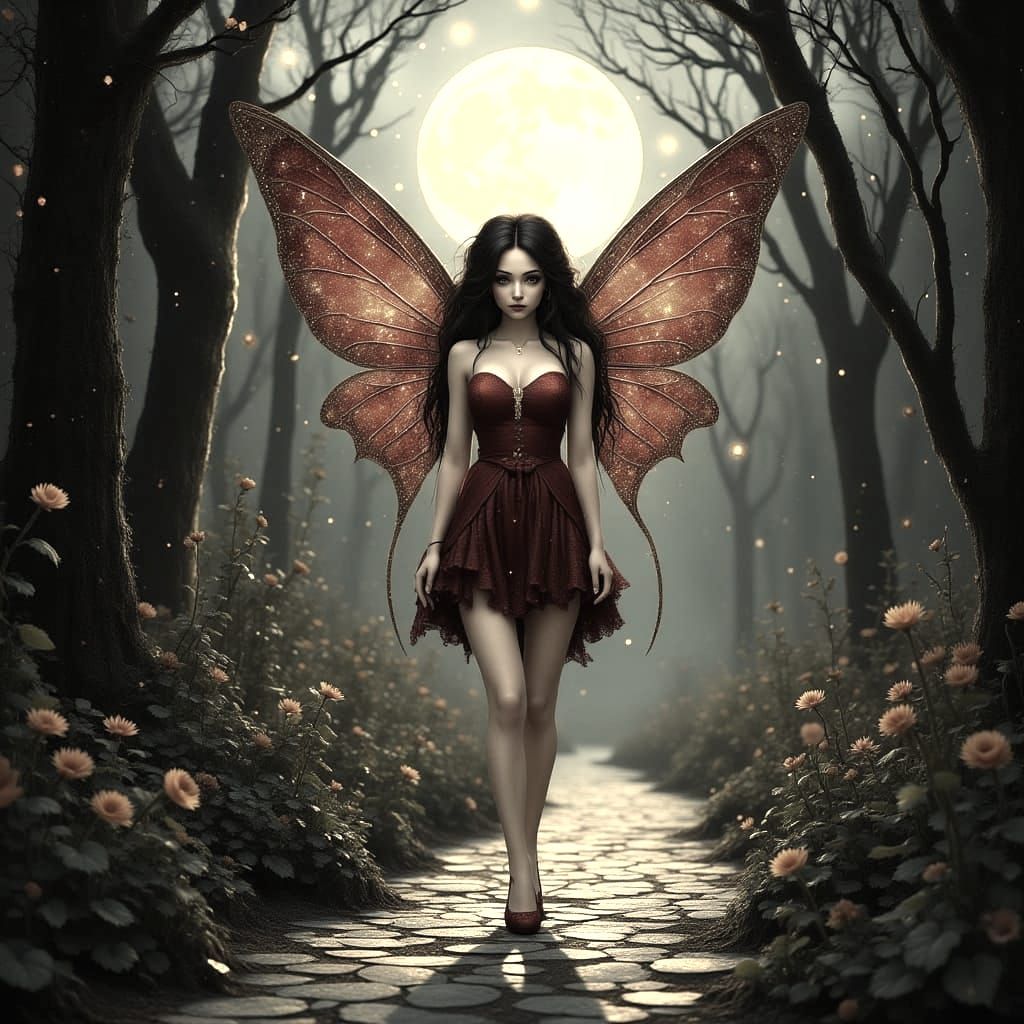 Fairy in Red Dress Walks Garden Path at Night