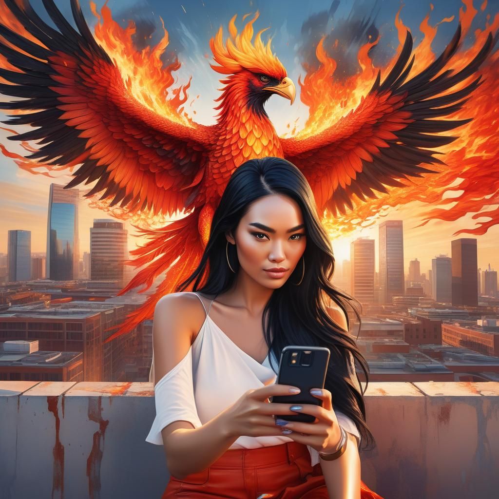 Woman with Phoenix Selfie in City, Hyperrealistic Art