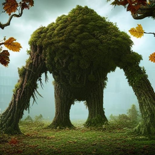 Epic Tree Golem in Overgrown Cityscape