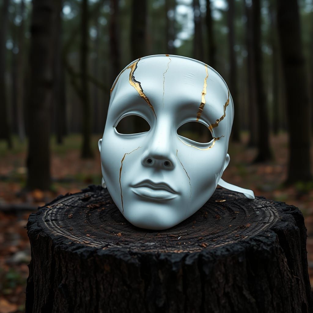 Repaired Porcelain Mask with Gold Veins in Forest