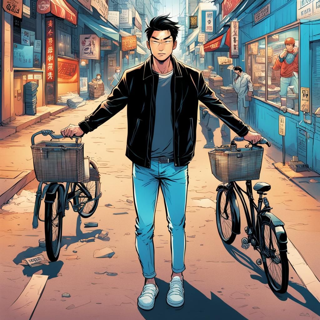 Skinny Asian man in casual South Korean clothes and black shoes Mark Brooks and Dan Mumford, comic book art, perfect, sm...