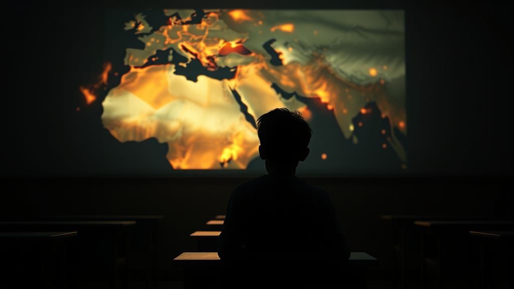 Student Gazes at Burning Middle East Map