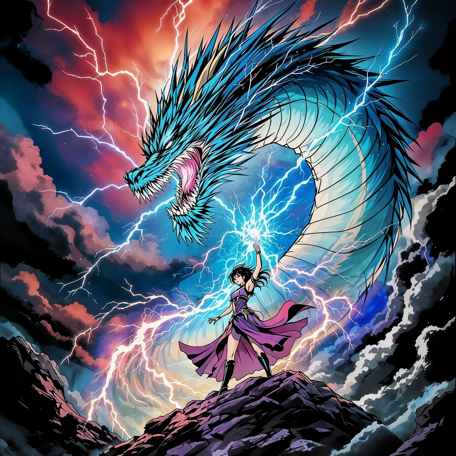 Female Warrior Summons Spirit Dragon in Shonen Anime Style