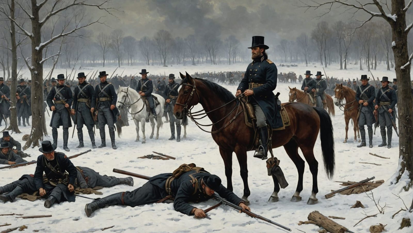A dark, historical painting depicting a somber wartime scene...