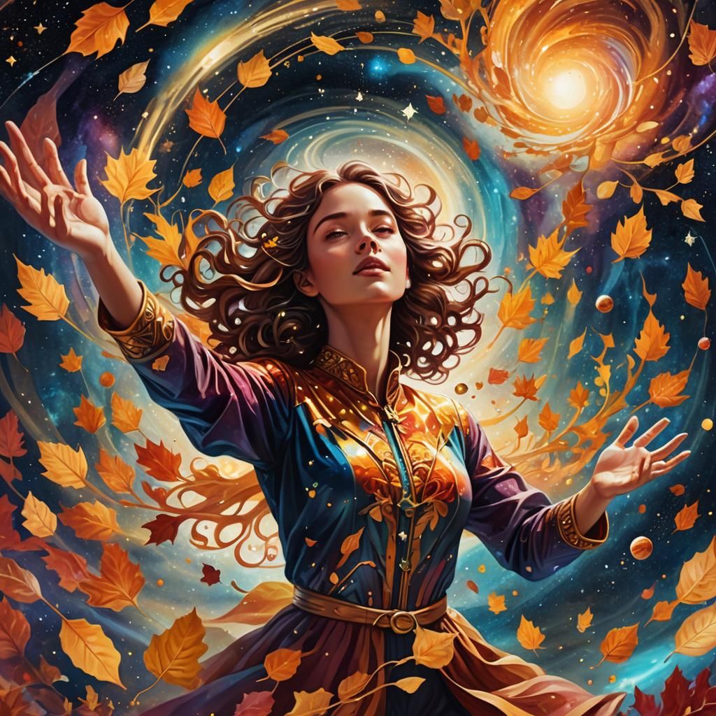 Cosmic Autumn Leaves in a Surreal Illustration